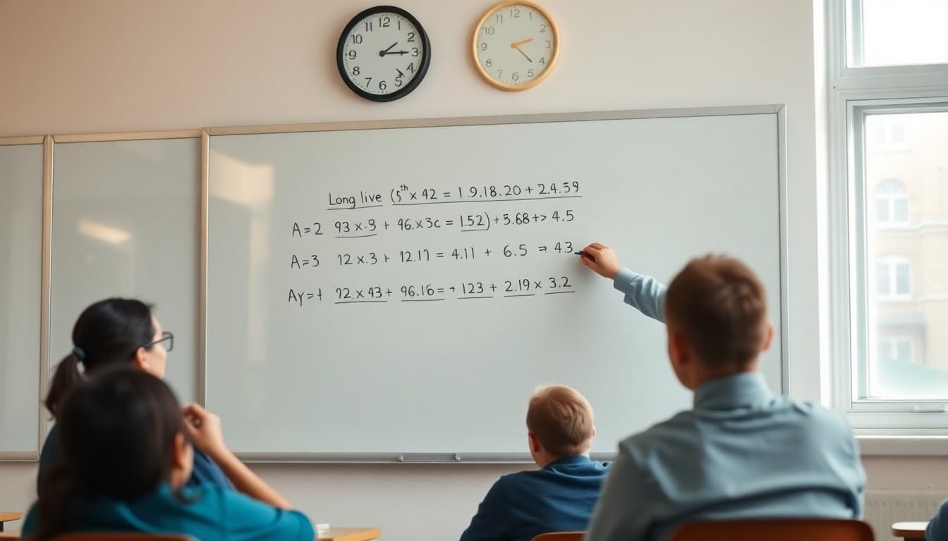 Teacher showing a long division problem step by step on a whiteboard