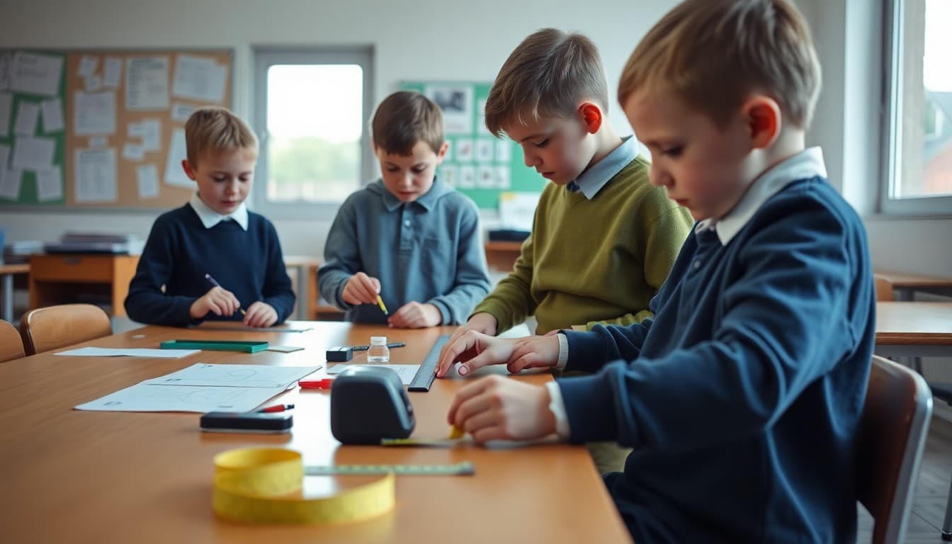 Students measuring objects on a classroom table with rulers and tape measures