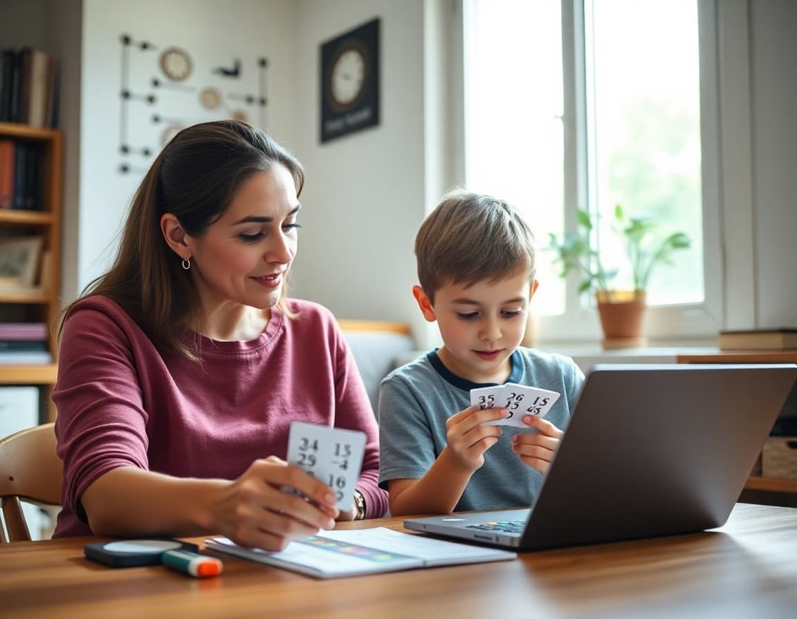 Parent helping a child with multiplication flashcard practice at home