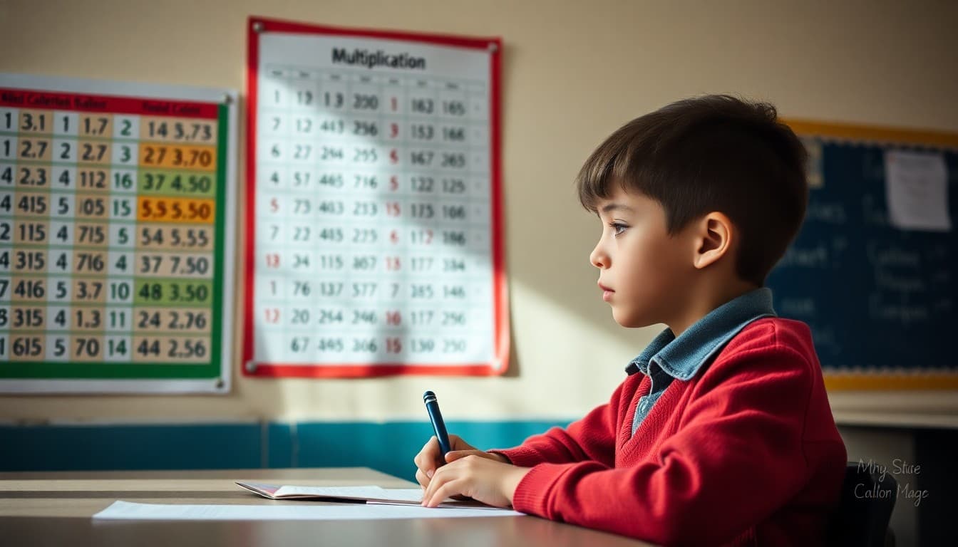 Student practicing multiplication tables with a multiplication chart posted on a wall