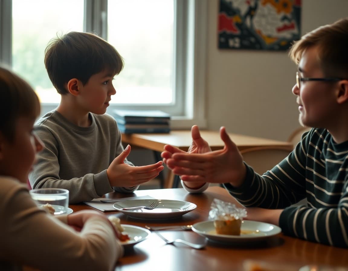 Child explaining an argument to a parent at the dinner table