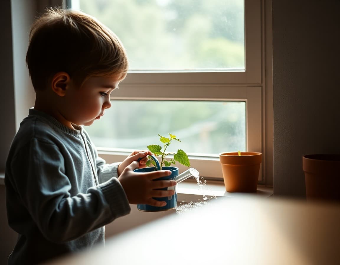 Child watering a plant on a windowsill as a home science activity