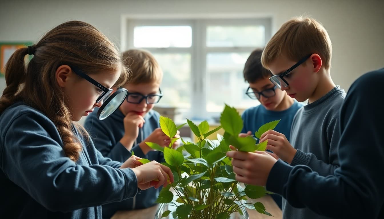 Students examining plant leaves with magnifying glasses in a science classroom