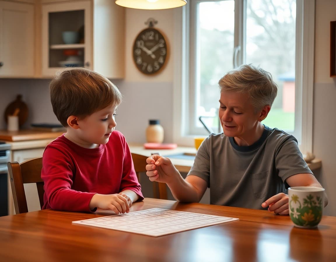 Child using place value chart with a parent at a kitchen table