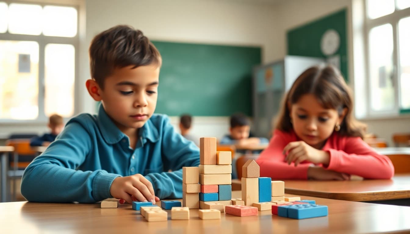 Elementary students using base-ten blocks to build numbers at classroom tables
