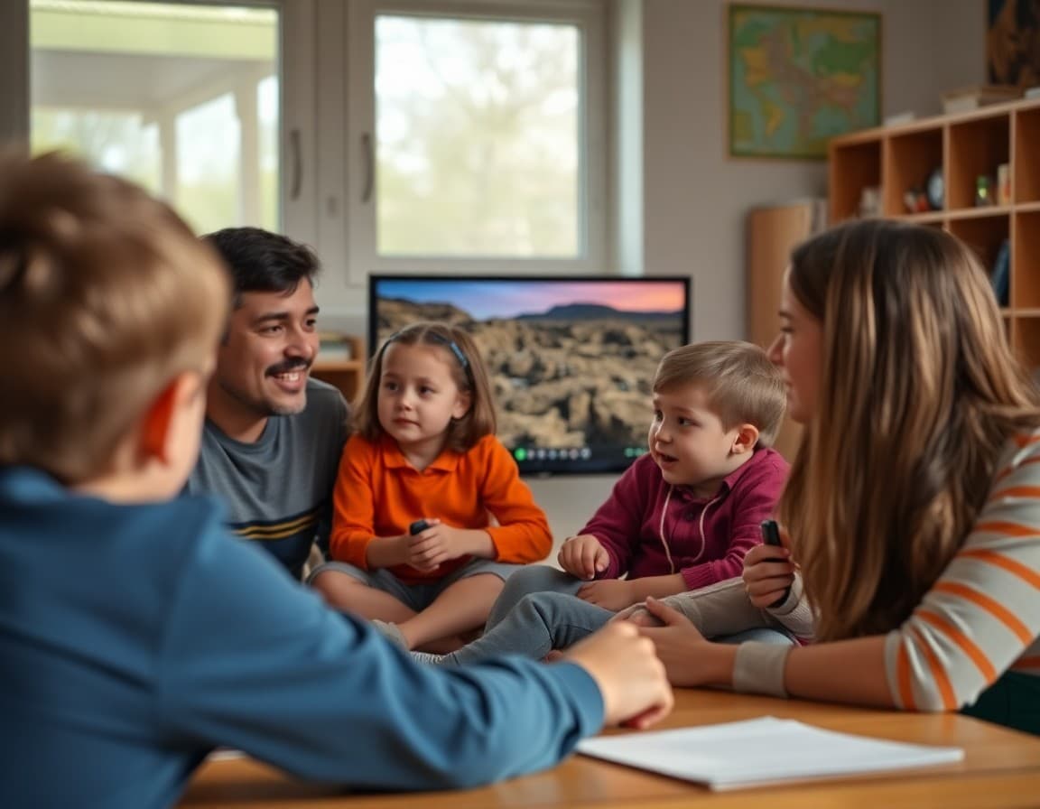 Family watching a news report about an earthquake and discussing plate tectonics