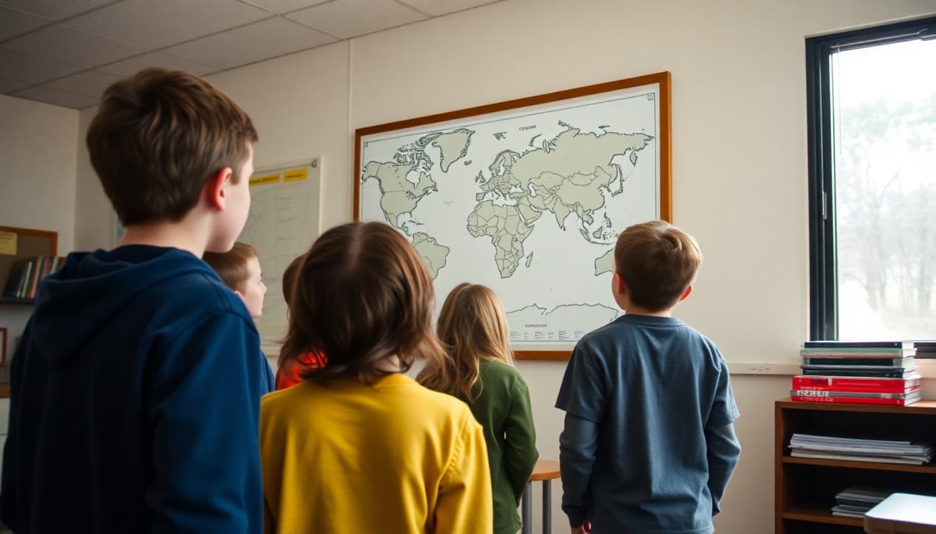 Middle school students examining a map of tectonic plates on a classroom wall