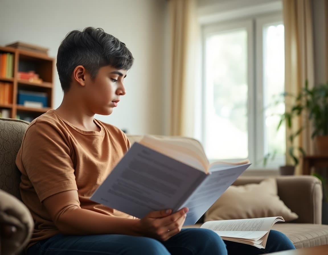 Child reading a poem aloud to a parent sitting on a living room couch