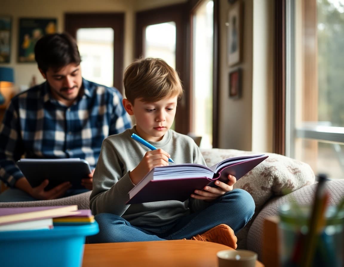 Student taking notes from a book at home with a parent nearby