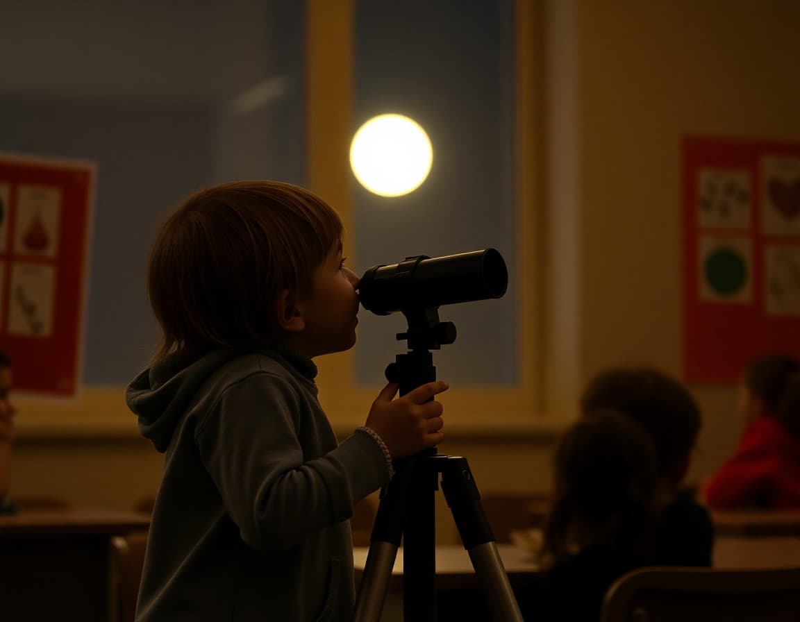 Child and parent looking at the moon through a small telescope at night