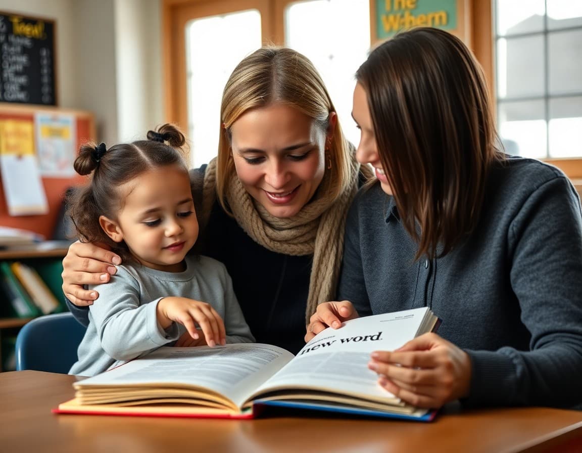 Parent pointing to a new word in a book and asking their child about its meaning