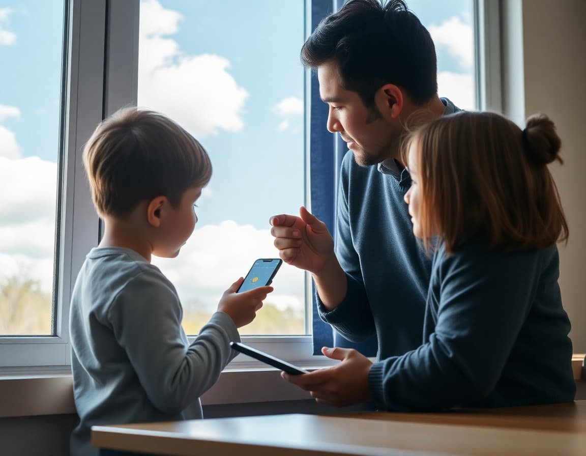 Child looking out a window at clouds while checking a weather app with a parent