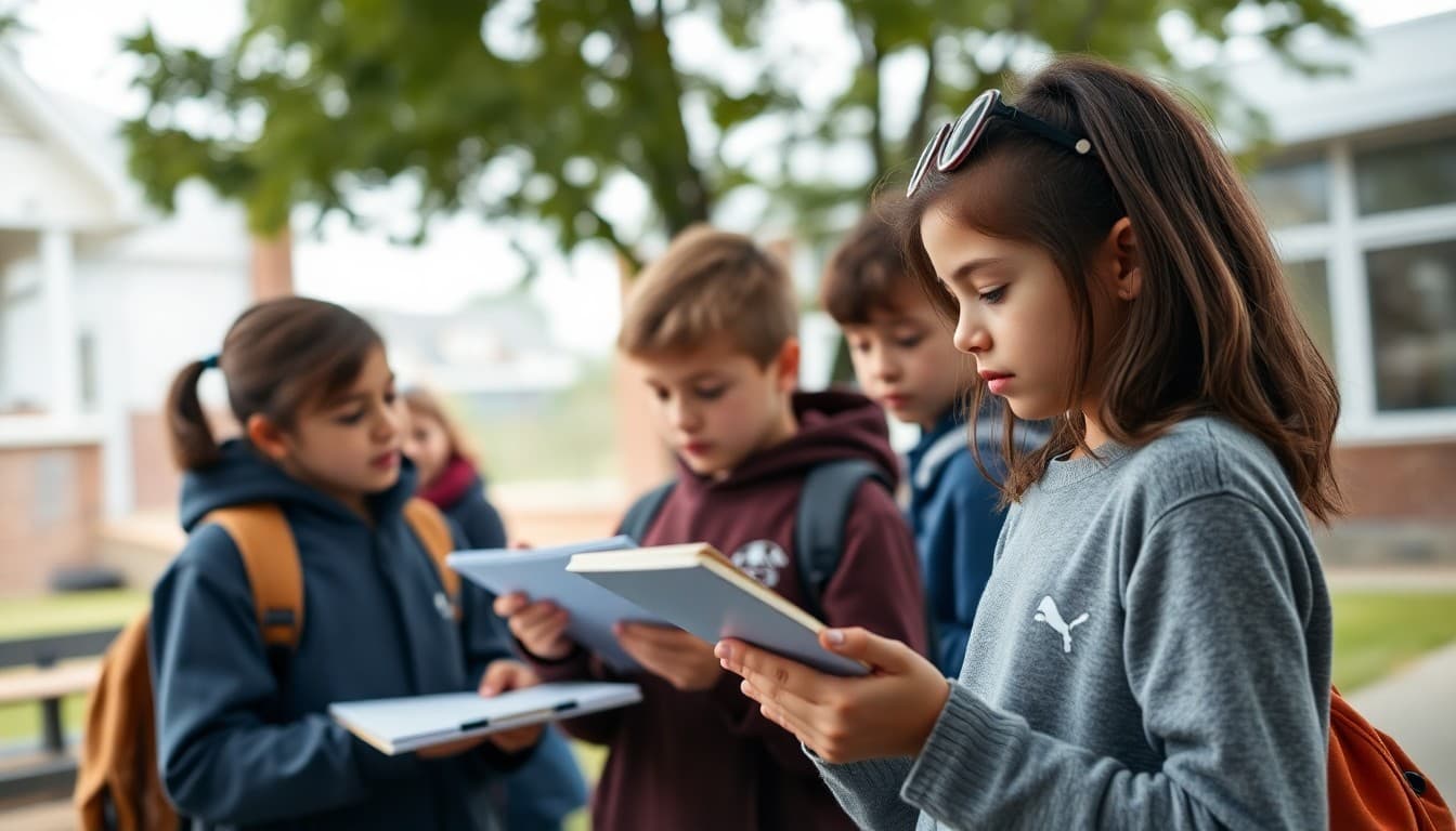 Students recording weather observations on clipboards in a schoolyard
