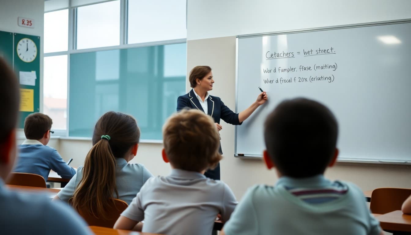 Teacher writing a word problem on a whiteboard in a math classroom
