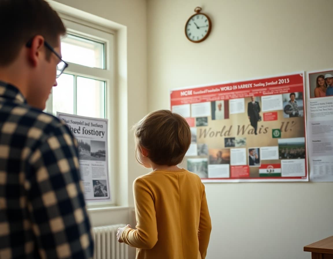 Family looking at a World War II timeline on a classroom history poster at home