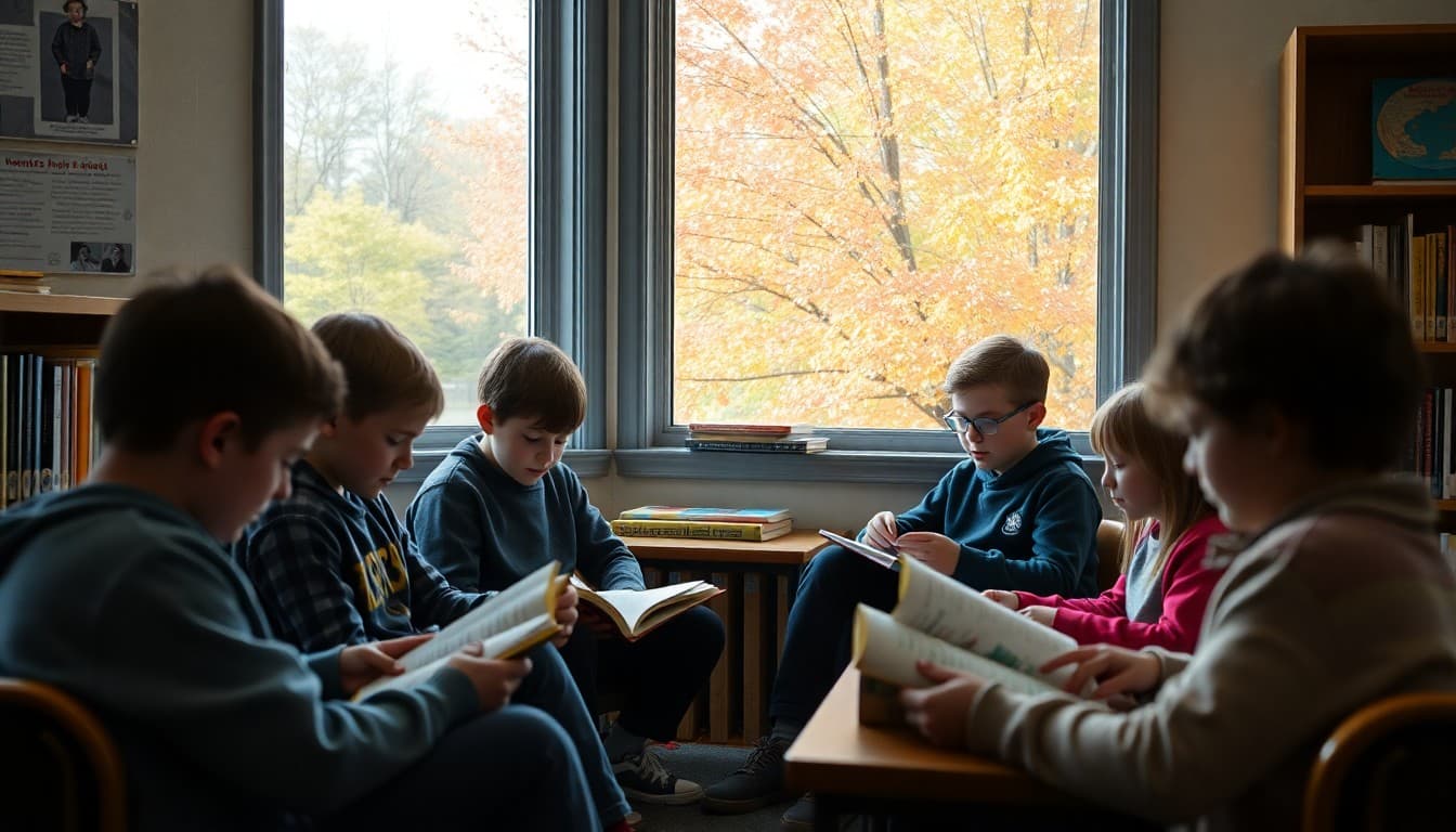 New Hampshire classroom students reading in a cozy library corner with autumn foliage visible outside