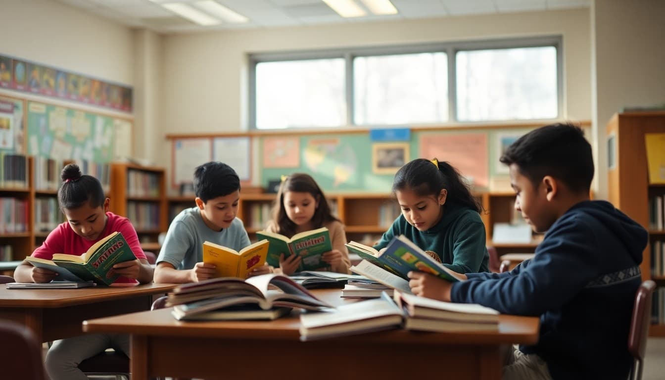 New Jersey classroom students working in reading groups in a diverse suburban school library