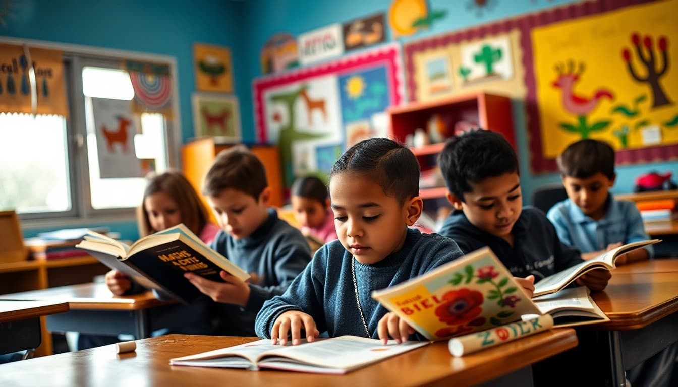 New Mexico classroom students reading books in a colorful classroom with Southwest cultural artwork