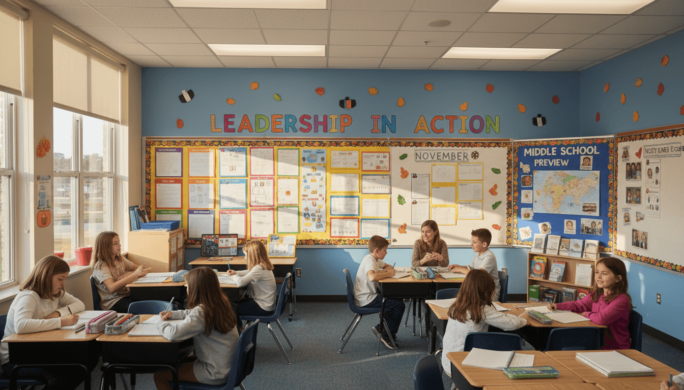 Fifth grade classroom November with leadership project displays and middle school preview board