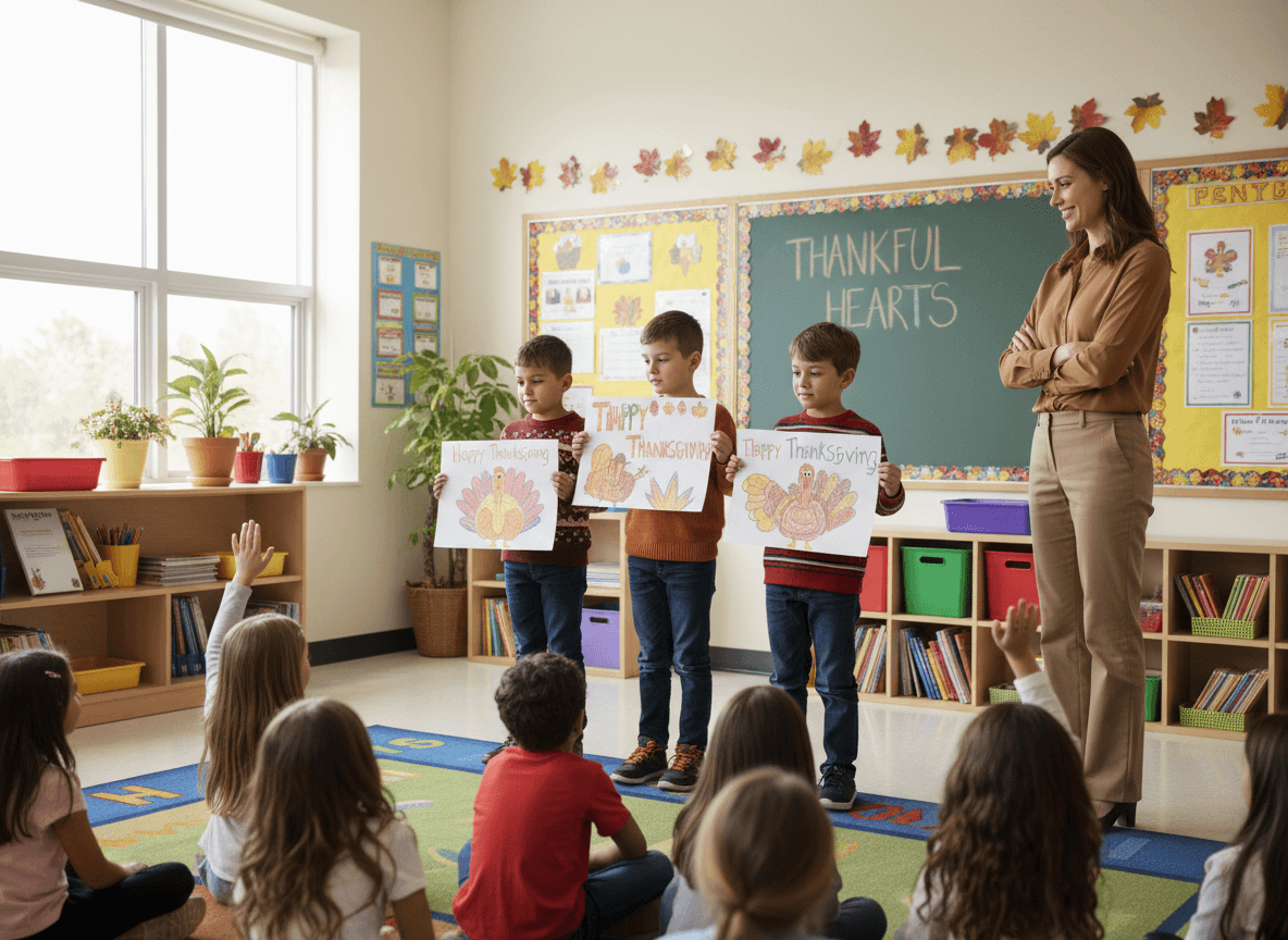 First grade students presenting Thanksgiving project while teacher observes