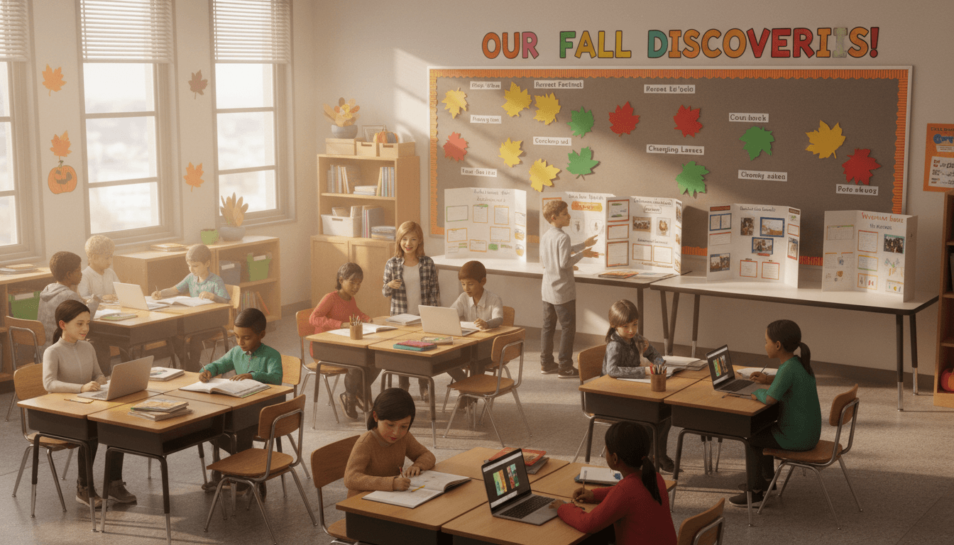 Fourth grade classroom November with student research projects and fall bulletin board display