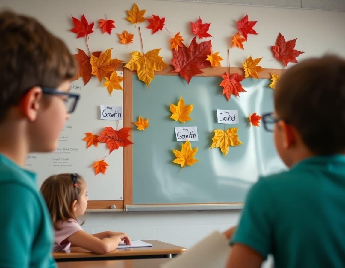 Classroom wall display showing student growth goals written on fall leaves