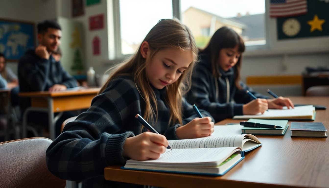 Student writing in a gratitude and growth journal in November classroom setting