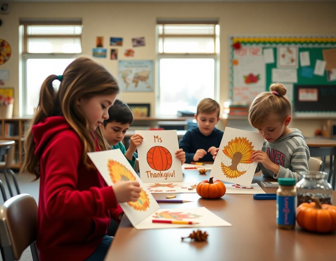 Students creating gratitude-themed art projects in classroom during November