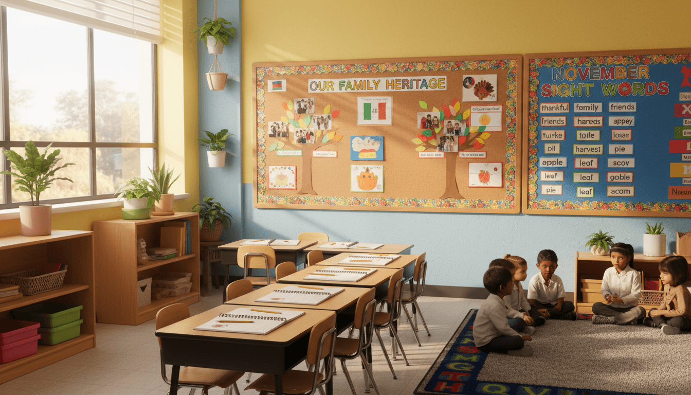 Kindergarten classroom in November with a family heritage display on the bulletin board, gratitude journals on desks, and a word wall with November sight words