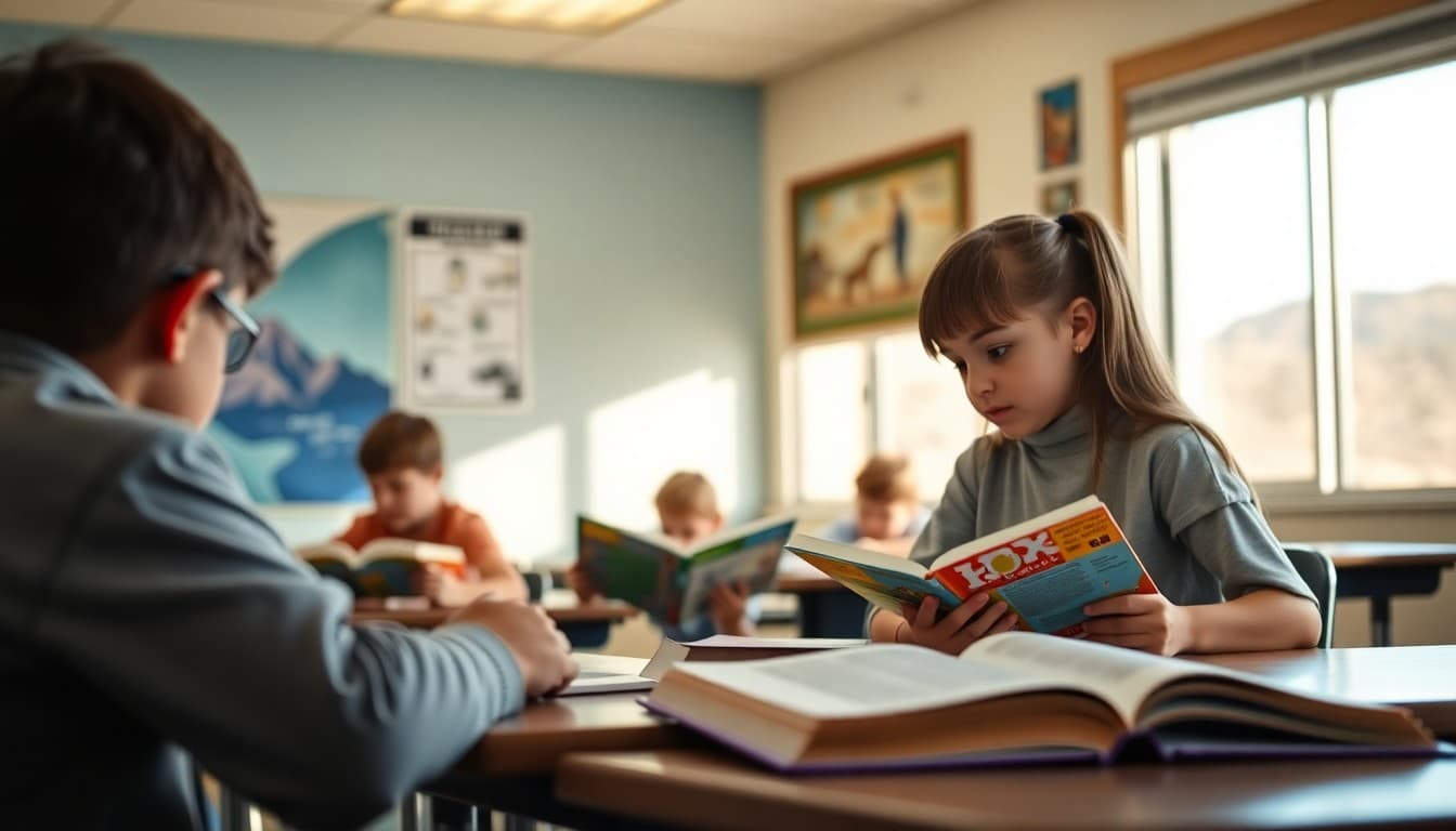 Nevada classroom students reading books in a bright classroom with desert landscape outside
