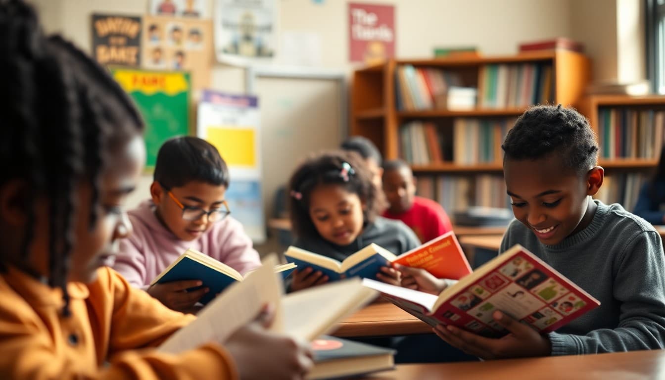 New York City classroom students reading books in a diverse urban school with bookshelves behind them