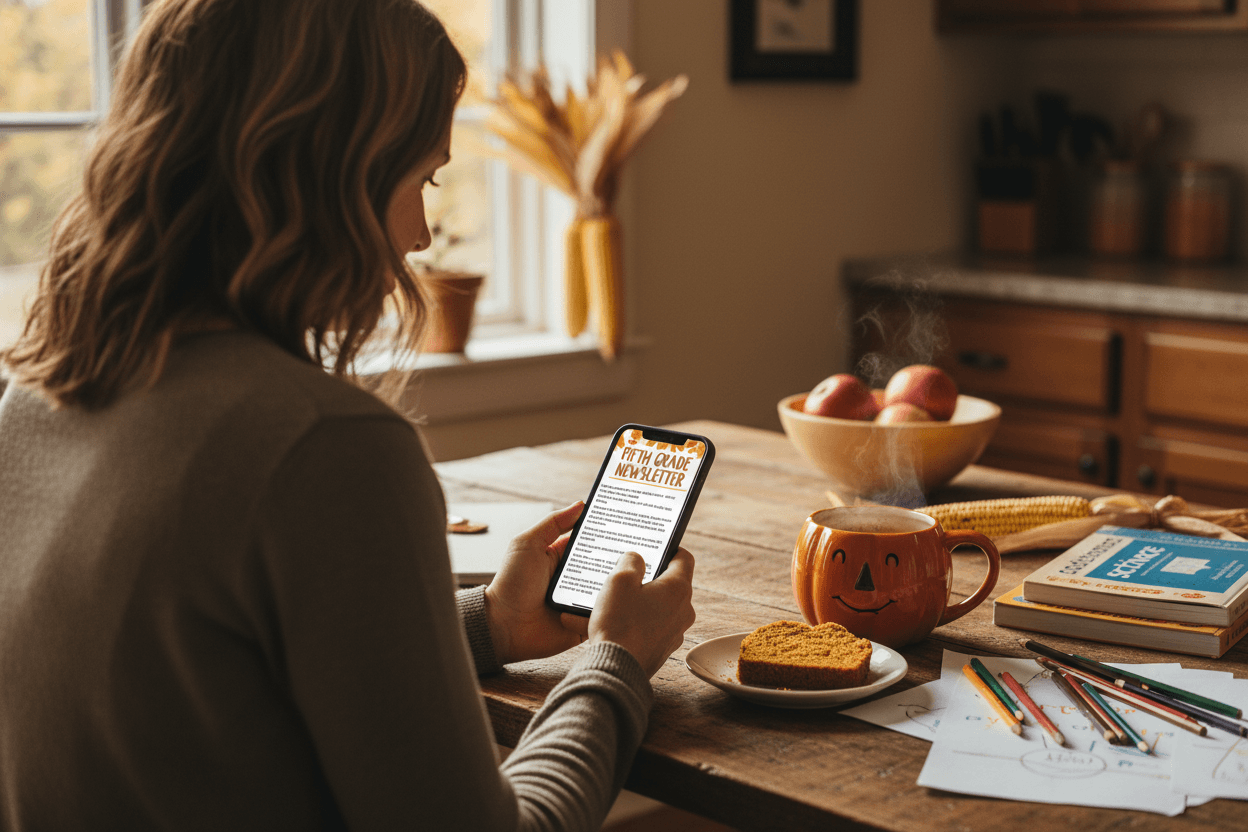 Parent reading October school newsletter on phone at home