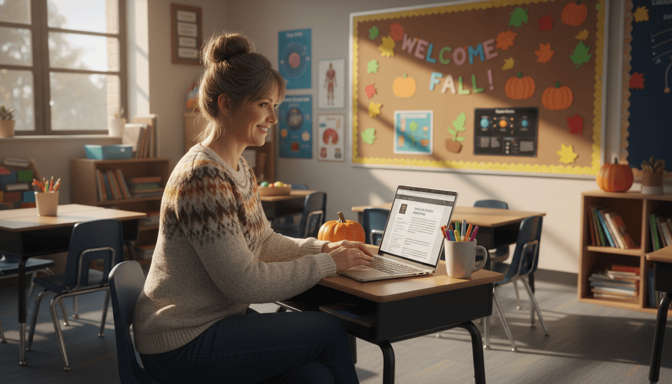 Fifth grade classroom teacher at desk in October, bulletin board visible