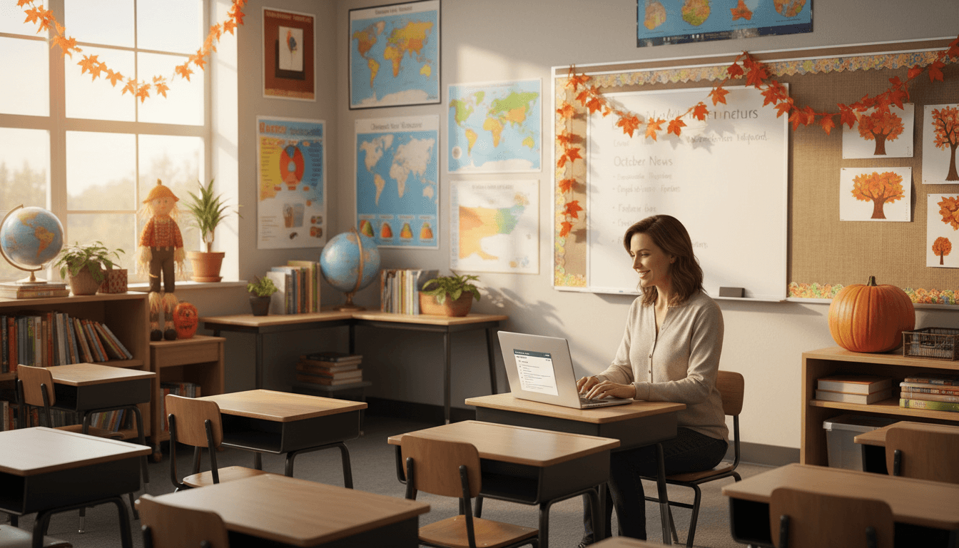 Fourth grade classroom teacher at desk in October, bulletin board visible