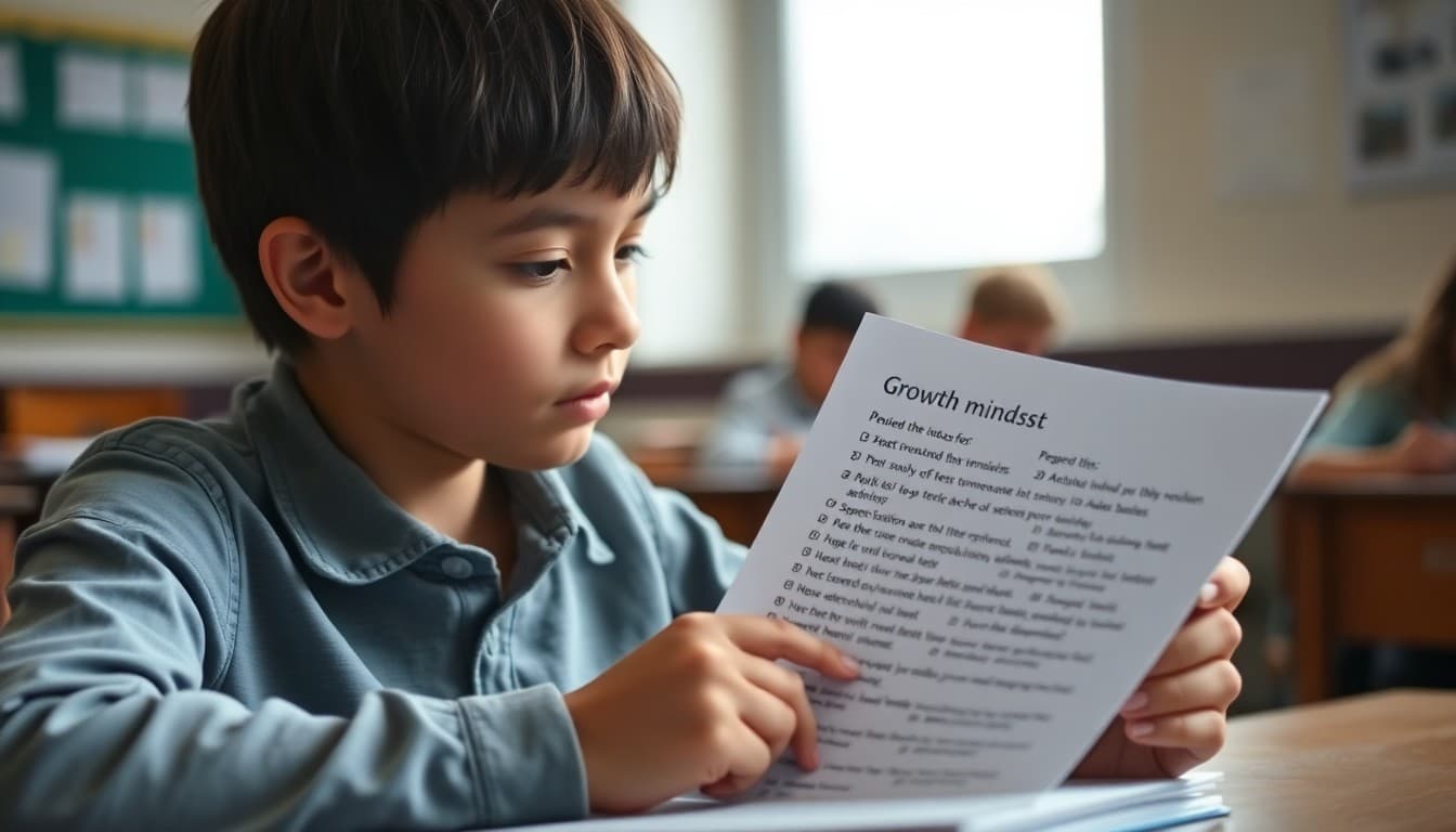 Student reviewing a returned test paper with growth mindset reflection notes written on it