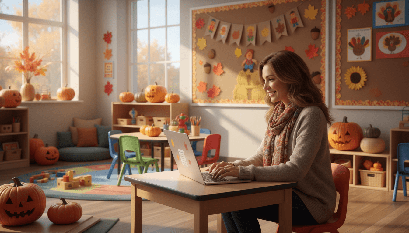 Kindergarten classroom teacher at desk in October, bulletin board visible