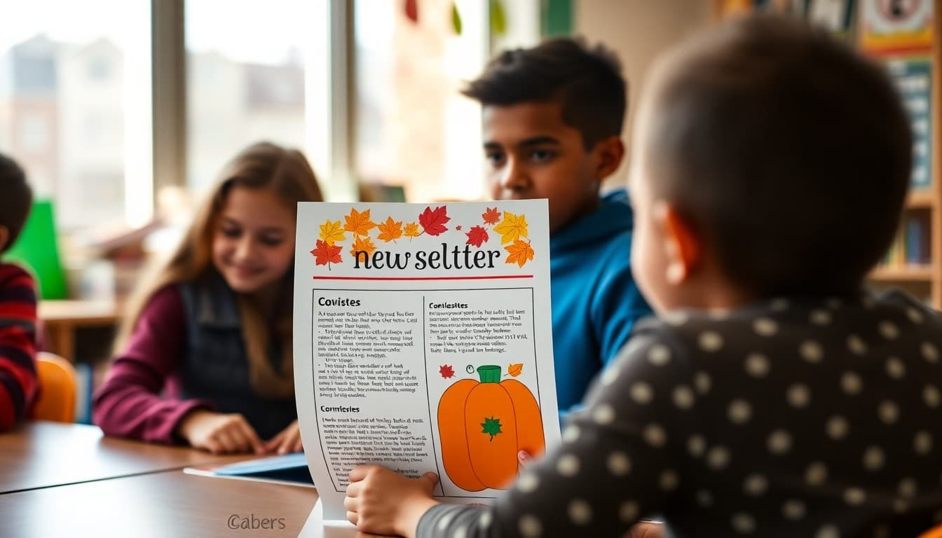 Colorful October classroom newsletter printout with fall leaves and pumpkin decorations