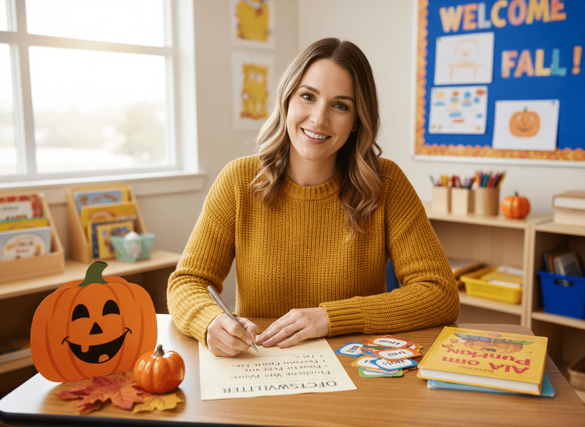 Kindergarten teacher writing an October parent newsletter with fall activity notes, a sight word list, and pumpkin unit materials nearby