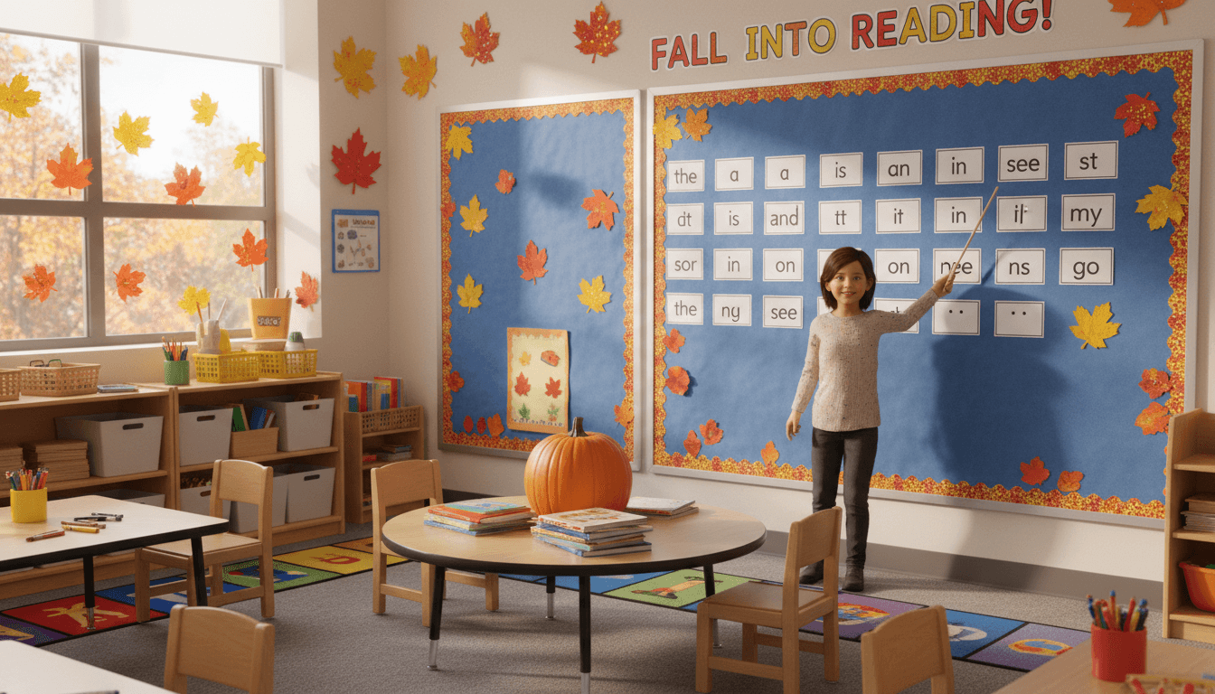 Kindergarten classroom in October with fall leaf art on the walls, a pumpkin on the reading table, and a word wall with new sight words