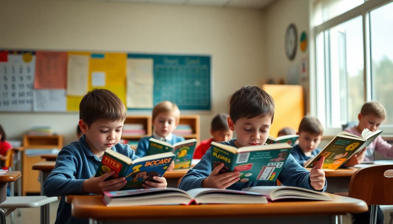 Ohio classroom students reading books in a well-organized elementary school classroom