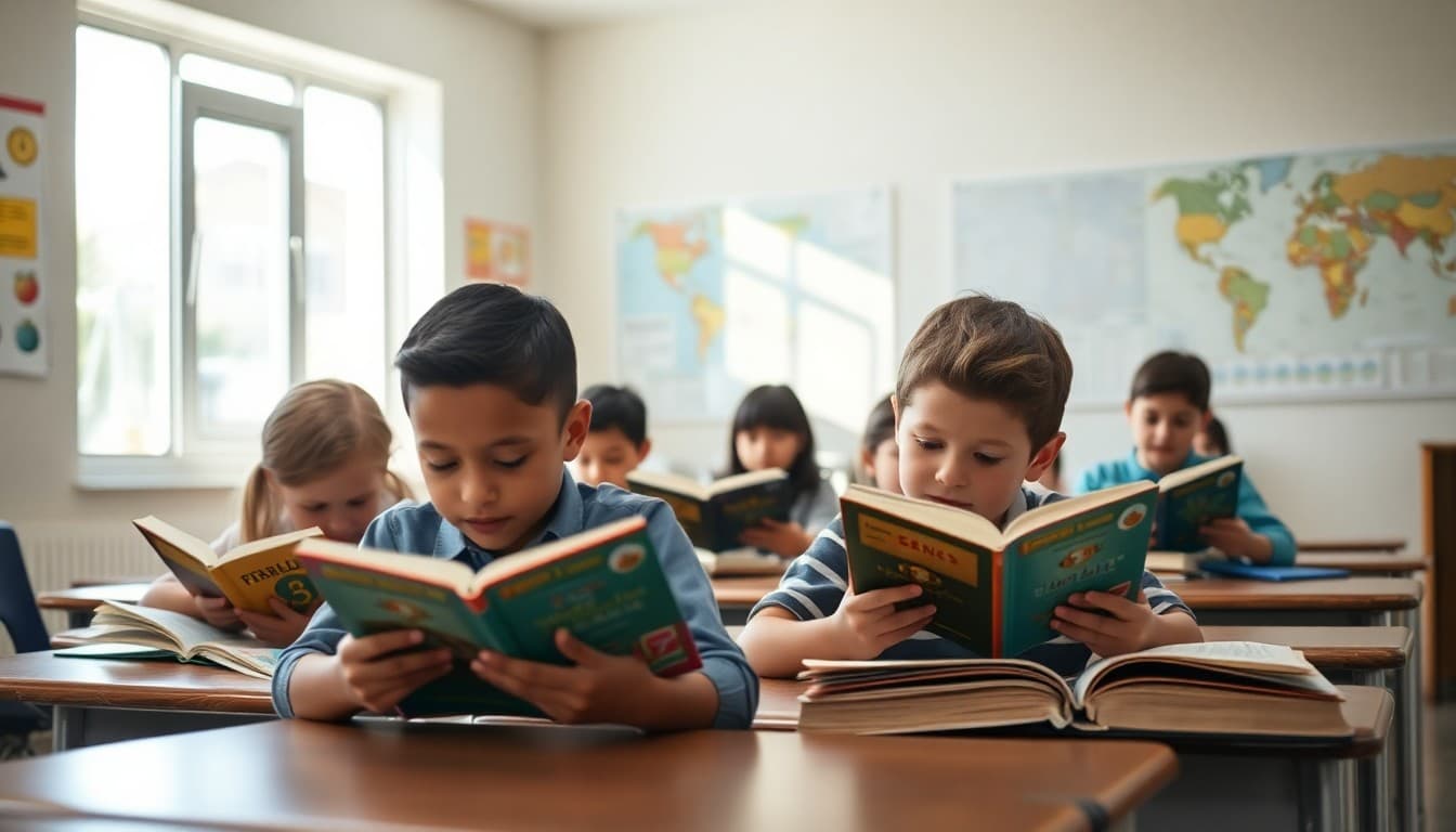 Oklahoma classroom students reading books in a bright classroom with maps on the walls