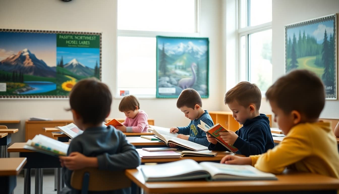 Oregon classroom students reading independently in a bright classroom with Pacific Northwest nature posters