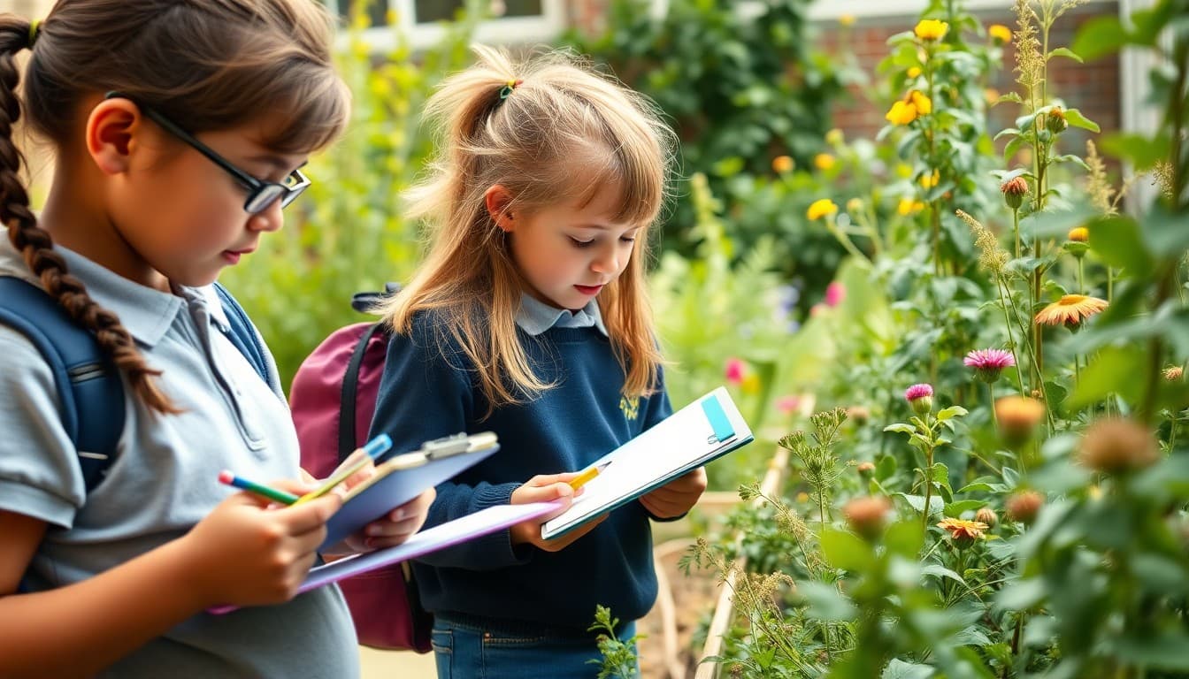 Students doing a science observation activity in a school garden with clipboards and pencils