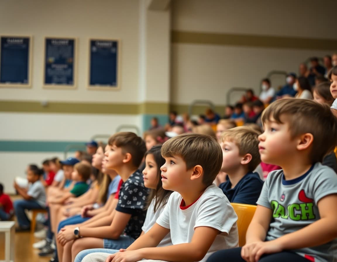 Elementary students sitting in gym bleachers during a school pep rally event