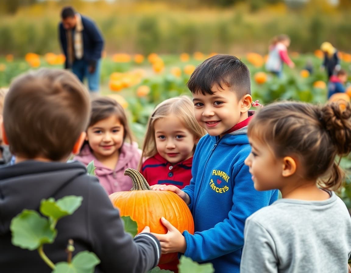 Elementary students at pumpkin patch with teacher on fall school field trip day