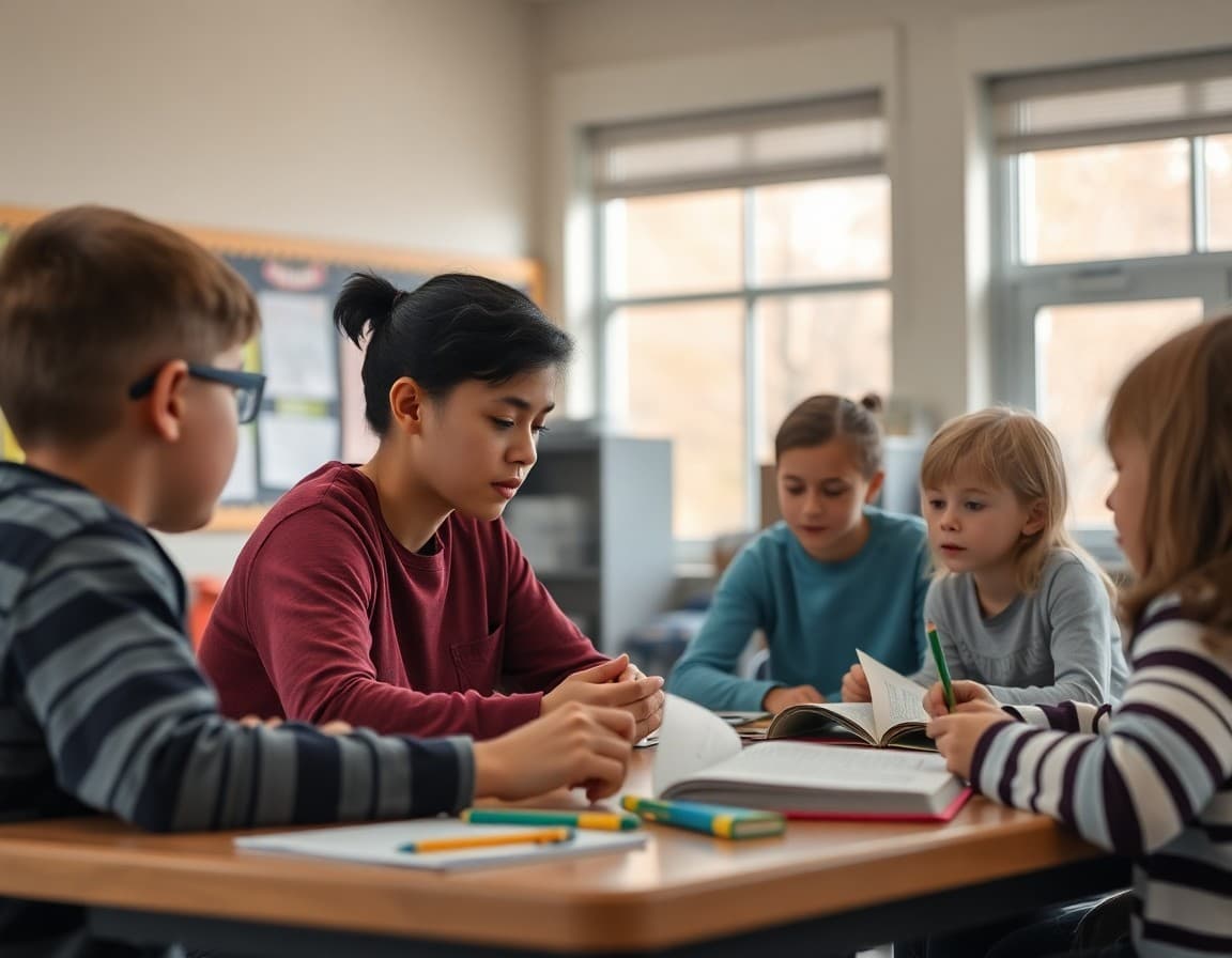 Reading specialist meeting with a small group of students at a table in early fall