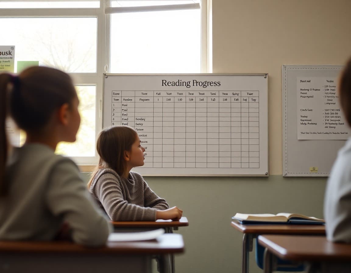 End-of-year reading progress chart showing growth from fall to spring for a group of students