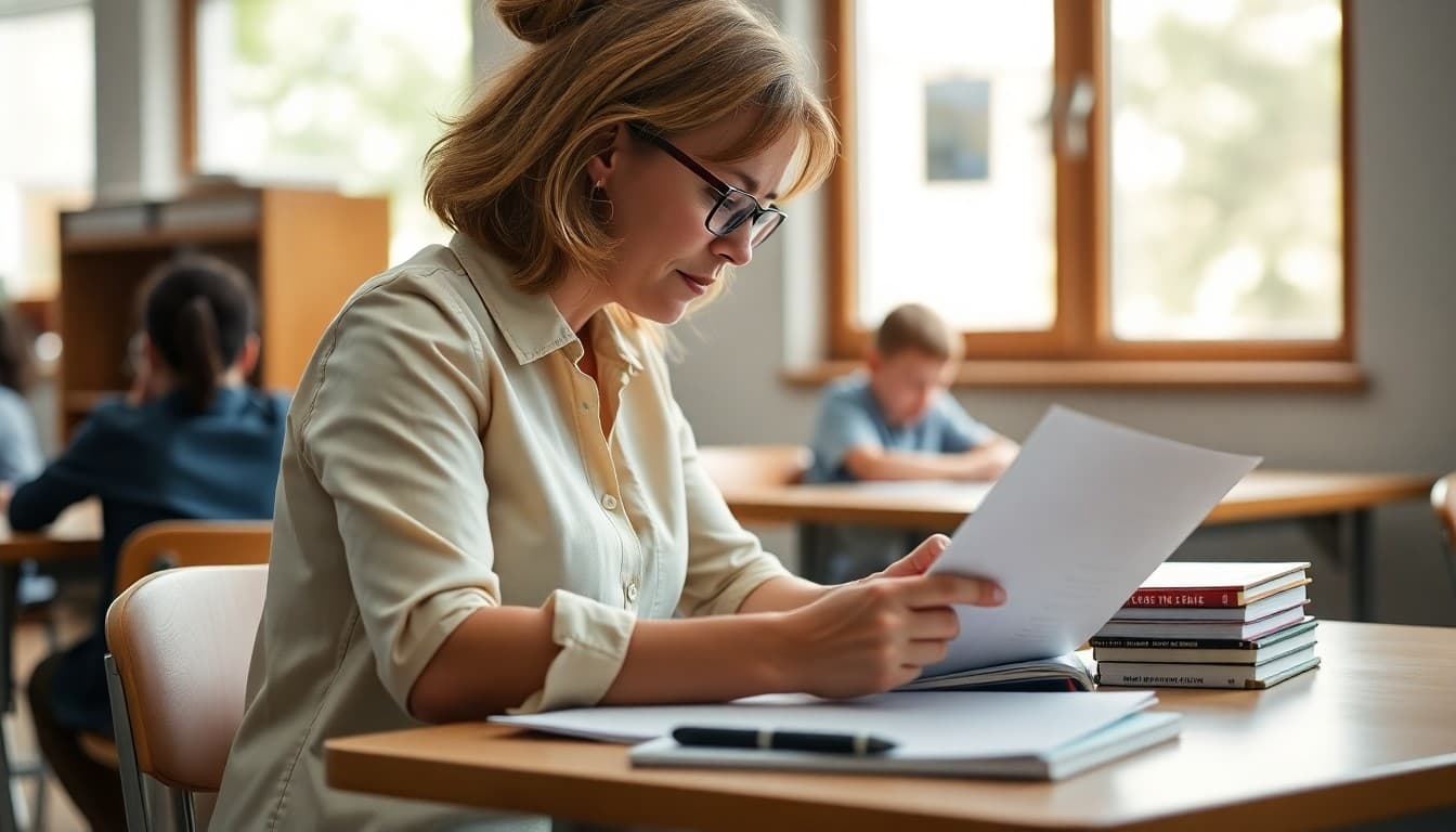 Reading specialist reviewing end-of-year student assessment data at a desk in June