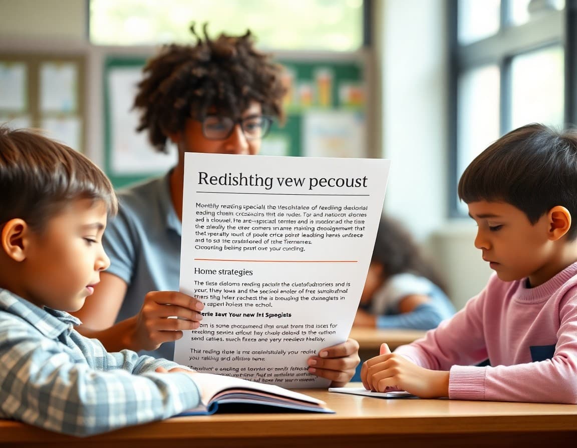 Monthly reading specialist newsletter printout with phonics focus and home strategies section