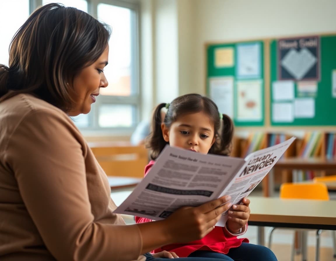 Parent reading a school literacy newsletter with their child